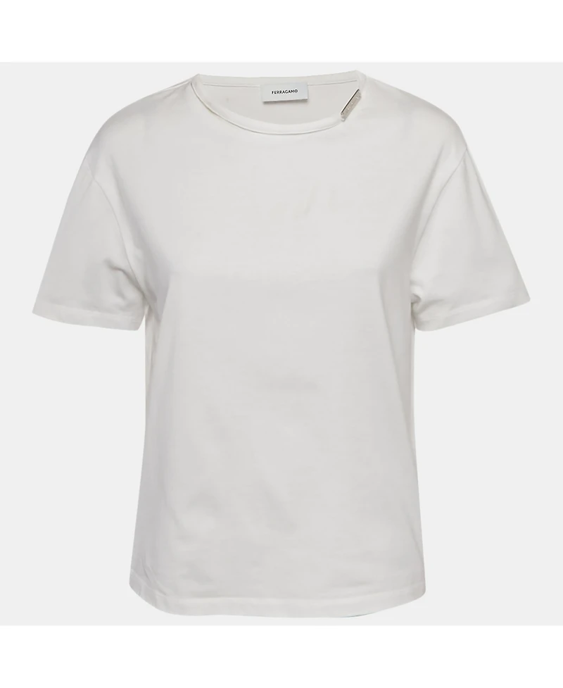 Pre-Owned Salvatore Ferragamo Women's Pre-Owned Ferragamo White Cotton Knit Logo Tab Detail T-Shirt
