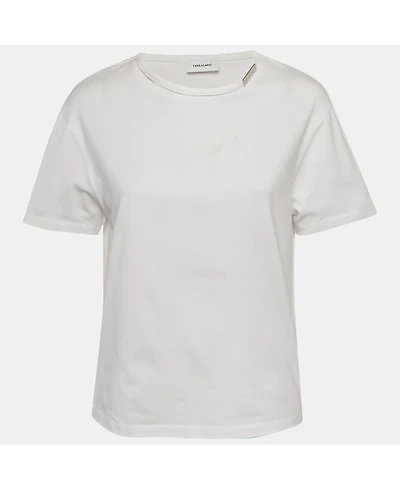 Pre-Owned Salvatore Ferragamo Women's Pre-Owned Ferragamo White Cotton Knit Logo Tab Detail T-Shirt
