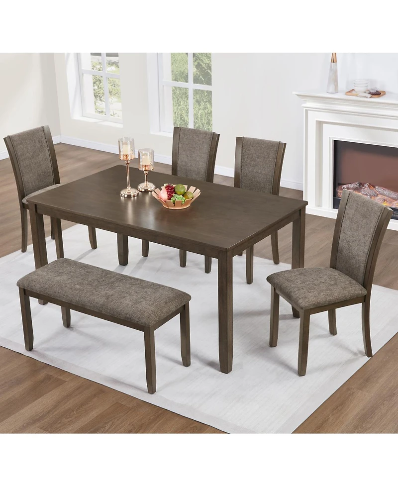 Streamdale Furniture 6-Piece Farmhouse Rustic Dining Table Set with Bench and Chairs, Dark Walnut