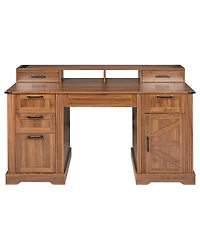 Streamdale Furniture 59" Farmhouse Office Desk with Charging Station & Storage Cabinet, Barn Door Design