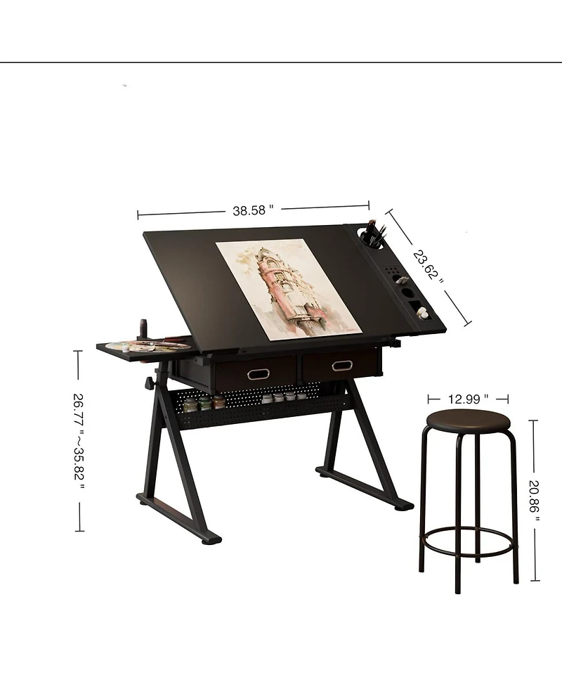 Streamdale Furniture Adjustable Drawing Drafting Table Desk with 2 Drawers & Stool (Black)