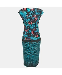Pre-Owned Roberto Cavalli Women's Blue Printed Jersey Midi Dress