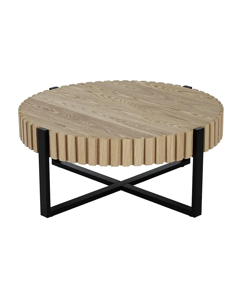 Streamdale Furniture Round Handcraft Drum Coffee Table with Gear Design & Cross Metal Base, 31.5" Modern Compact Table