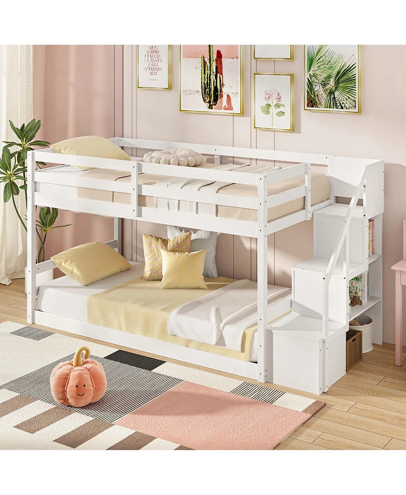 Costway Twin Over Twin Low Bunk Bed Solid Wood Floor Bunk Bed Frame with Storage Stairs
