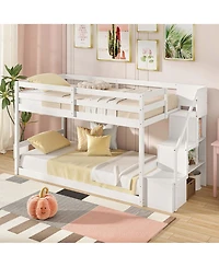 Costway Twin Over Twin Low Bunk Bed Solid Wood Floor Bunk Bed Frame with Storage Stairs