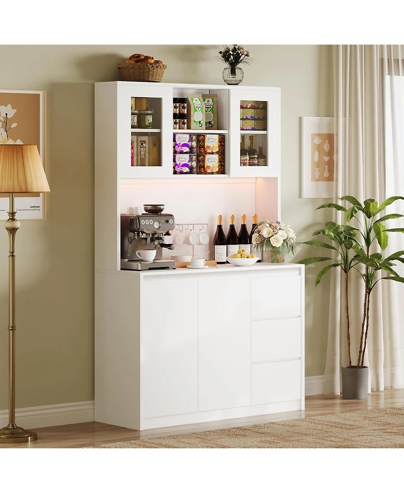 gaomon Kitchen Pantry Cabinet with Charging Station, Tall Storage Cabinet with Countertop, Drawers and Glass Doors