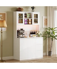 gaomon Kitchen Pantry Cabinet with Charging Station, Tall Storage Cabinet with Countertop, Drawers and Glass Doors