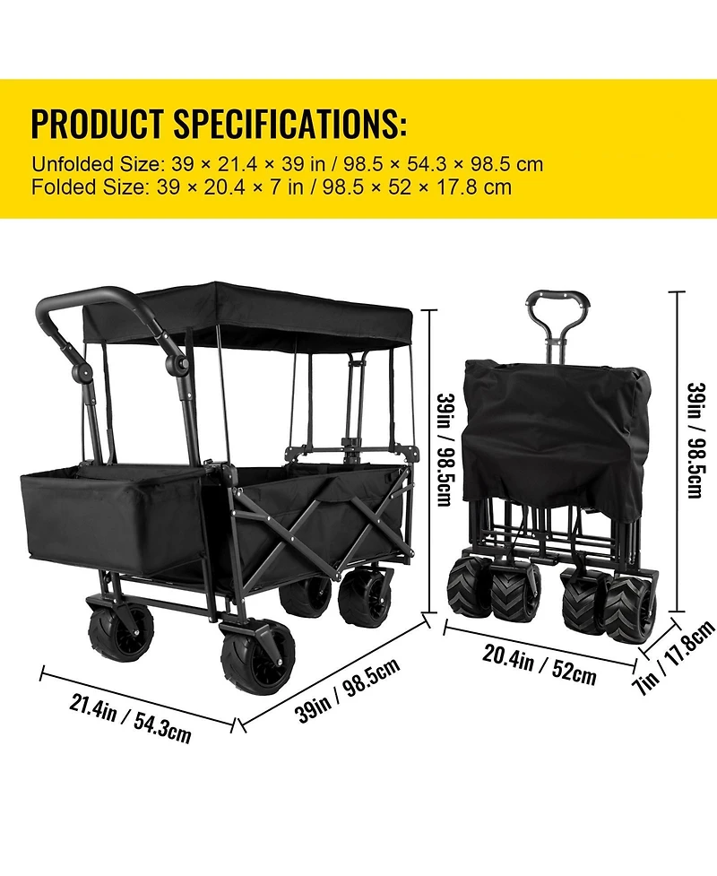 Mecale Extra Large Collapsible Garden Cart with Removable Canopy, Folding Wagon with Wheels and Rear Storage