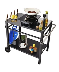 Volenca Outdoor Grill Dining Cart, Double Shelf, Iron Top, 2 Wheels, Carry Handle, Food Prep Table