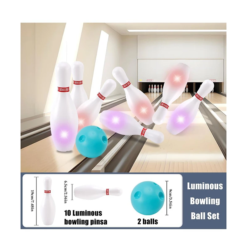 Bruce & Shark Kids Glow Bowling Set with 10 Pins & 2 Balls for Indoor/Outdoor Party Fun