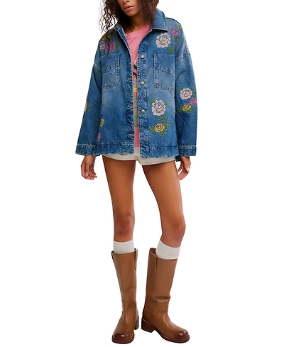 Free People Women's Madison Embroidered Denim Shirt Jacket