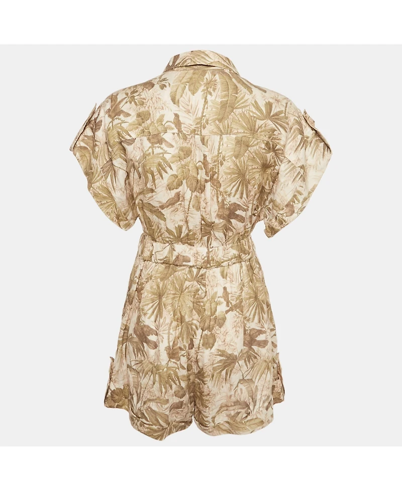 Pre-Owned Zimmermann Women's Green Tropical Print Linen Playsuit