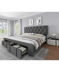 gaomon Upholstered Platform Bed Frame with Diamond Button Tufted Headboard – 2 Spacious Storage Drawers Bedroom