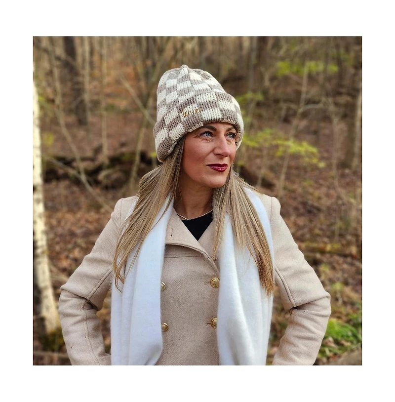 Headbands of Hope Women's Two-Tone Checkerboard Knit Beanie - Cream + Brown