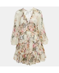 Pre-Owned Zimmermann Women's Beige Floral Print Silk Tiered Mini Dress
