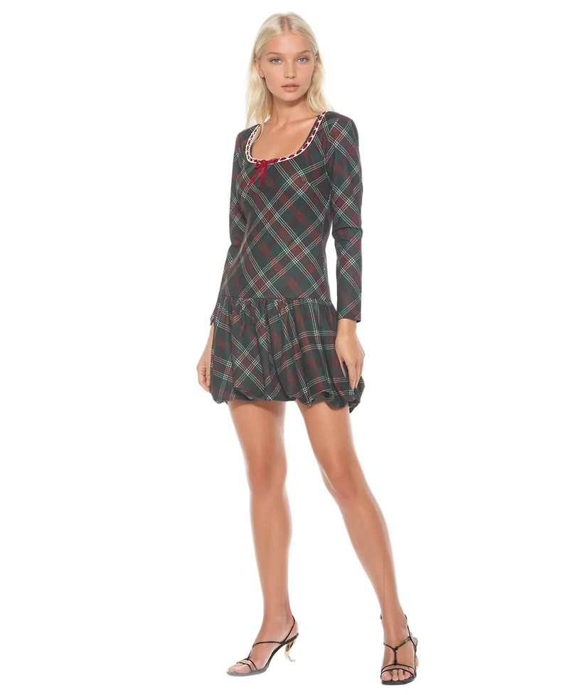 Alexia Admor Women's Rach Plaid Scoop Neck Lace Insert Detail With Bow Dress