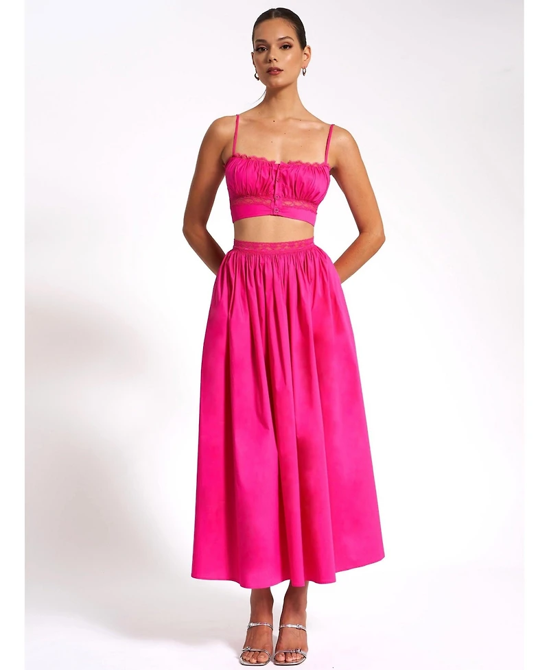 Miss Circle Women's Martha Fuchsia Cotton Poplin Maxi Skirt With Lace Trim