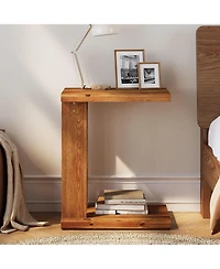 Tribesigns Solid Wood C-Shaped End Table, Wooden Side Table for Sofa, 2-Tier Bedside Nightstand for Living Room, Bedroom