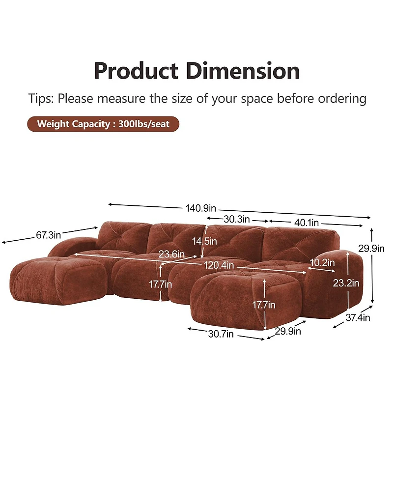 Streamdale Furniture U-Shaped Boneless Sofa, Tufted, 32D Sponge, Anti-Slip, Red Brown
