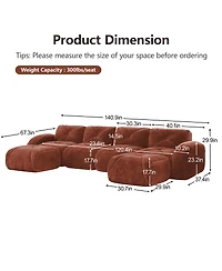 Streamdale Furniture U-Shaped Boneless Sofa, Tufted, 32D Sponge, Anti-Slip, Red Brown