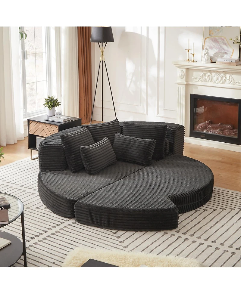 Streamdale Furniture 78.5-Inch Corduroy Semi-Circular 2-in-1 Sofa Bed with Neck Pillow & 5 Throw Pillows