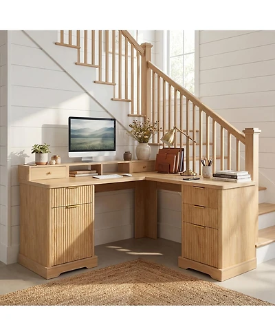 Streamdale Furniture 59" Modern Fluted L-Shaped Desk with Charging Station & Storage Cabinet - Oak