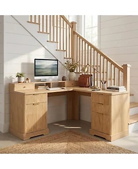 Streamdale Furniture 59" Modern Fluted L-Shaped Desk with Charging Station & Storage Cabinet - Oak