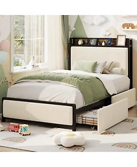 gaomon Twin Size Upholstered Platform Bed Frame with Storage Headboard and Charging Station, Corduroy Fabric Bed with 2 Rolling Drawers