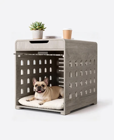 Sugift Dog Crate End Table with Charging Station, Furniture Style Pet Crate Nightstand for Dogs