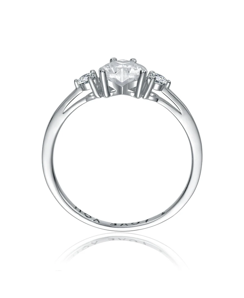 Sterling Silver Heart and Round Clear Cubic Zirconia's Three-Stone "I Love You" Ring