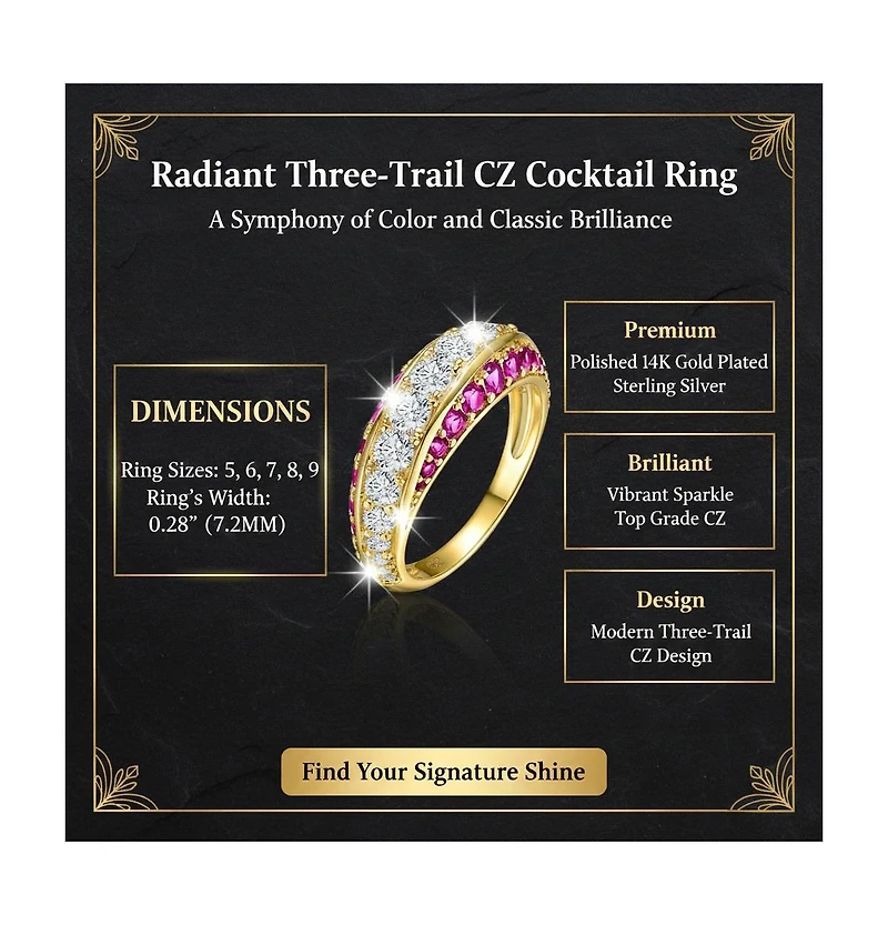 Genevive Radiant 14K Gold Plated Three-Trail Cubic Zirconia Cocktail Ring