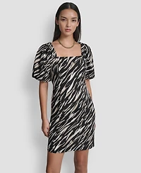 Dkny Women's Puff-Sleeve Square Neck Printed Dress