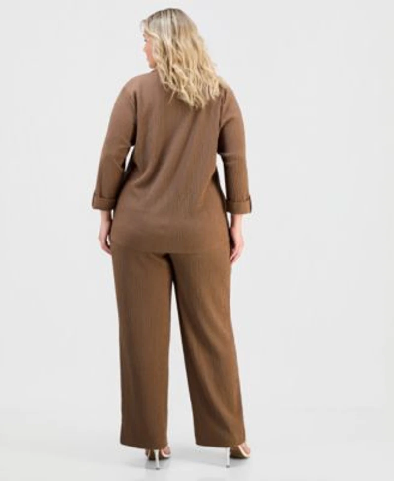 Ak Anne Klein Spread Collar Knit Top Pull On Wide Leg Pants