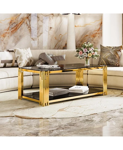 Streamdale Furniture Modern Black Mirror Coffee Table with Gold Finish & Shelf, 47.5