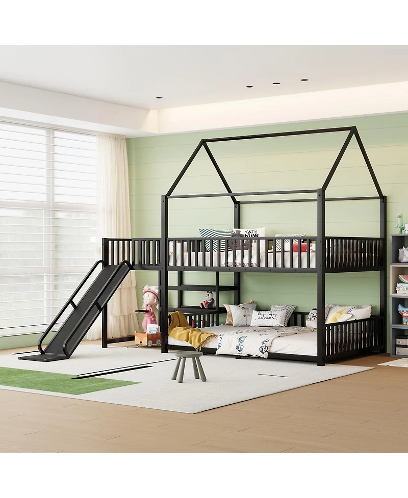 Streamdale Furniture Full Metal House Bunk Bed with Storage Stairs, Slide, Safety Rails