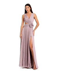 Mac Duggal Women's Pleated V-Neck Cutout Gown with Rosette Slit Dress