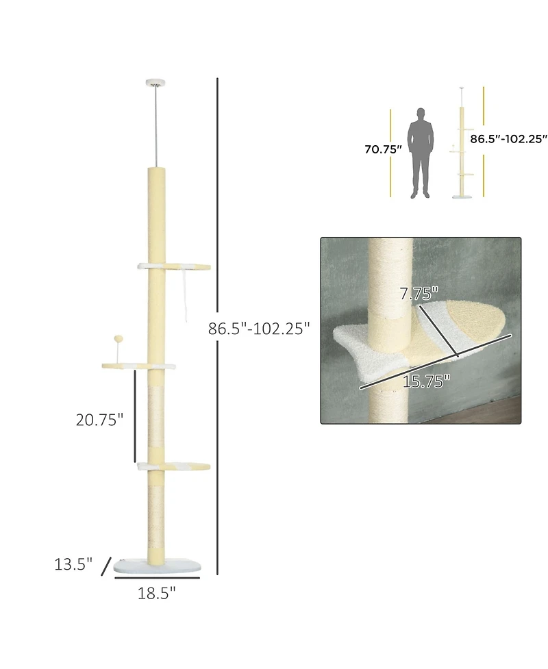 Zeus & Ruta Yellow 4-Tier Floor to Ceiling Cat Tree, 87-103" Adjustable