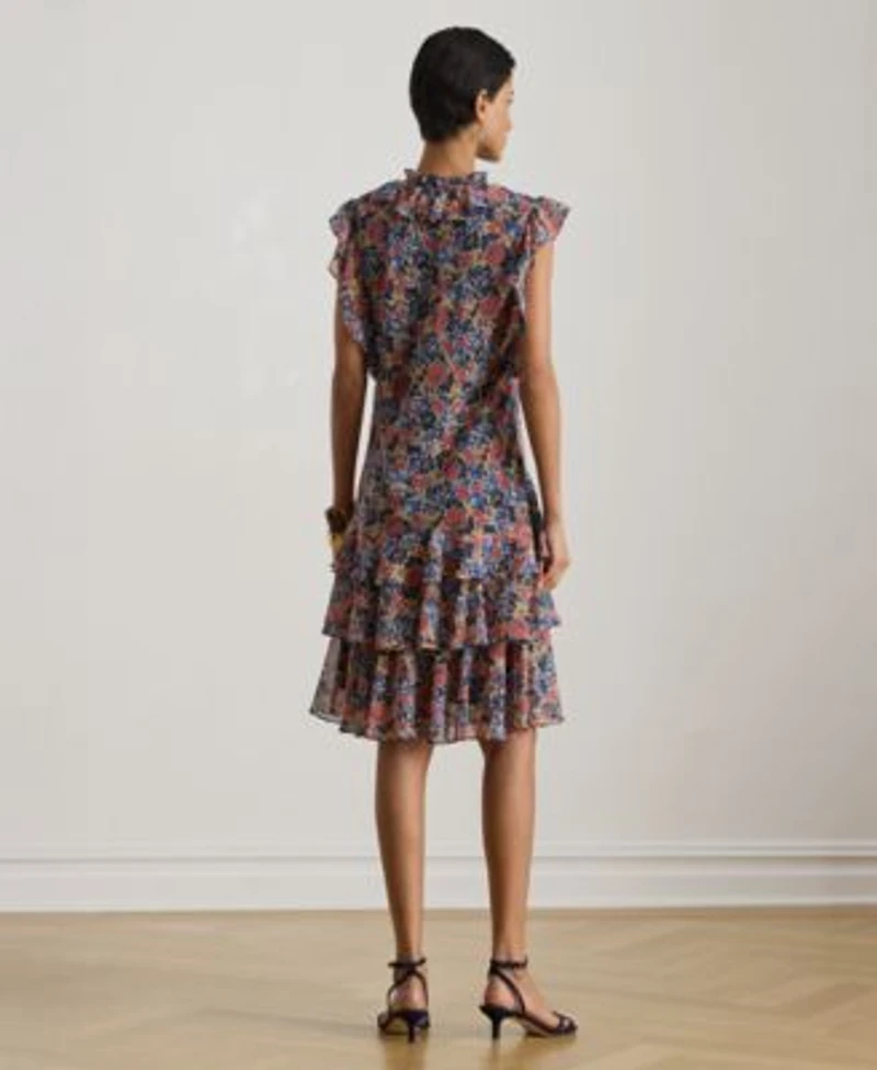 Lauren Ralph Lauren Womens Floral Ruffle Trim Split Neck Dress