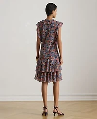 Lauren Ralph Lauren Womens Floral Ruffle Trim Split Neck Dress