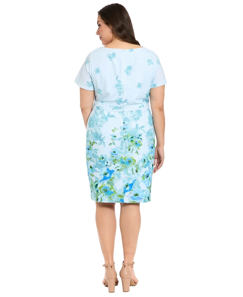 London Times Plus Printed Bow Neck Midi Dress