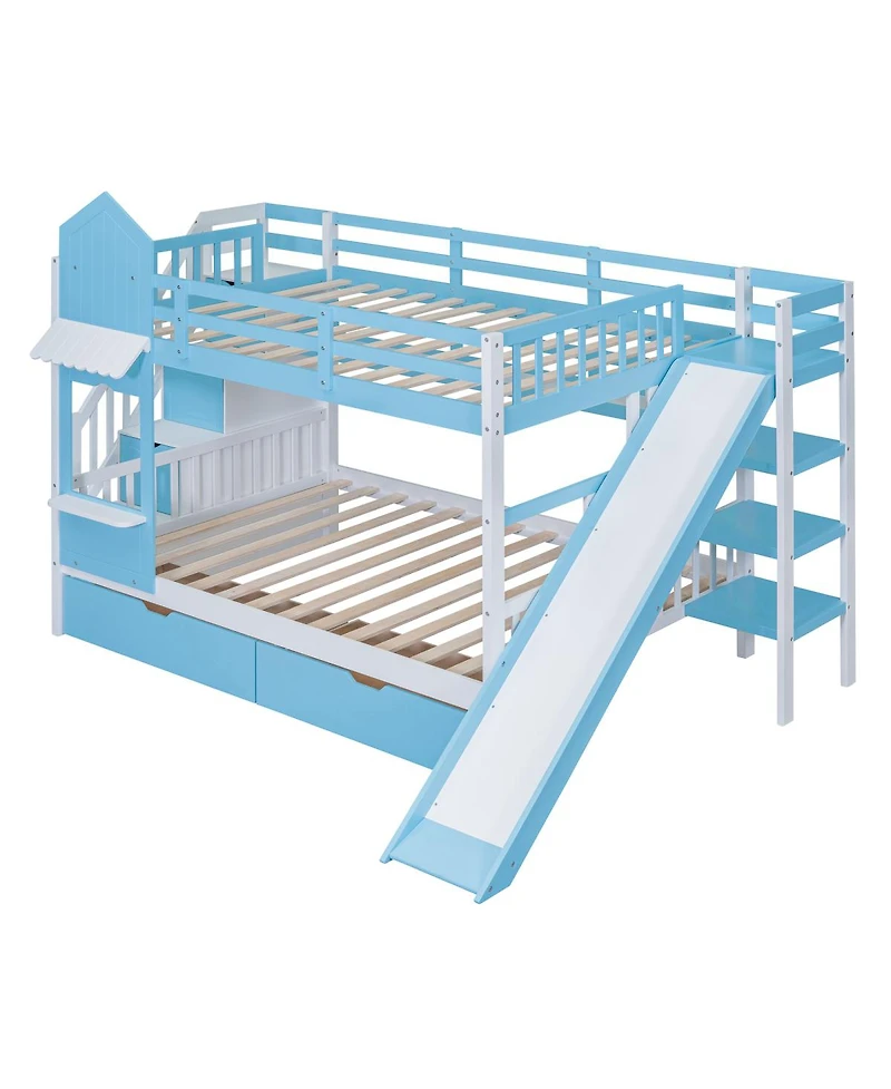 Streamdale Furniture Full-Over-Full Castle Style Bunk Bed with 2 Drawers 3 Shelves and Slide