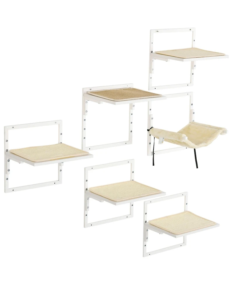 Zeus & Ruta 6-Piece Cream Modern Cat Wall Shelves with Hammock