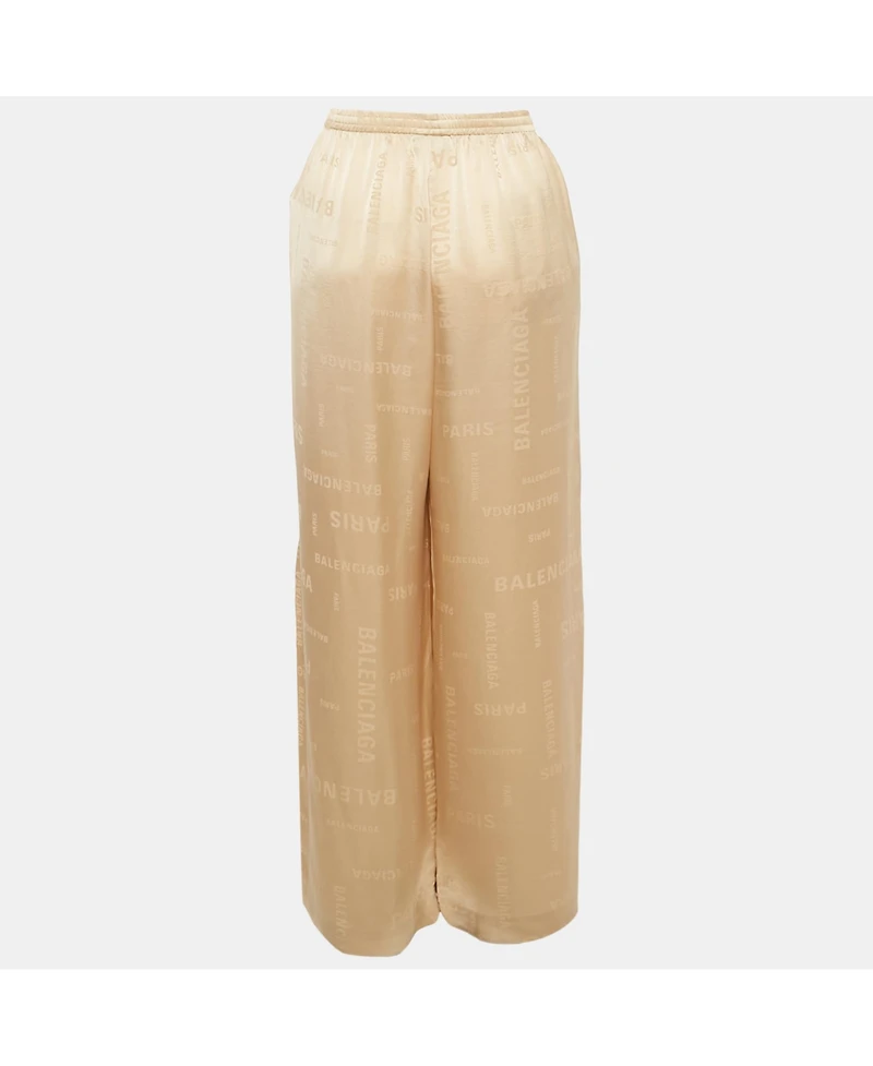 Pre-Owned Balenciaga Women's Beige Logo Jacquard Satin Trousers