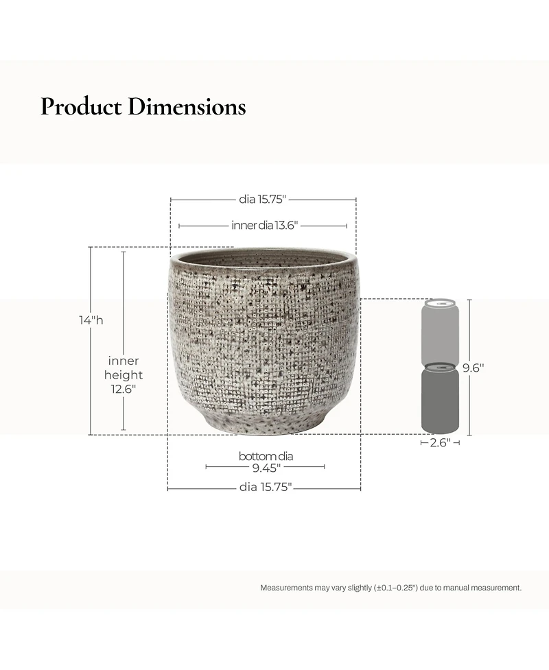 LuxenHome Stone Speckle Textured Ceramic Planter, 15.75" Gray Grid-Pattern Pot for Indoor/Outdoor Decor