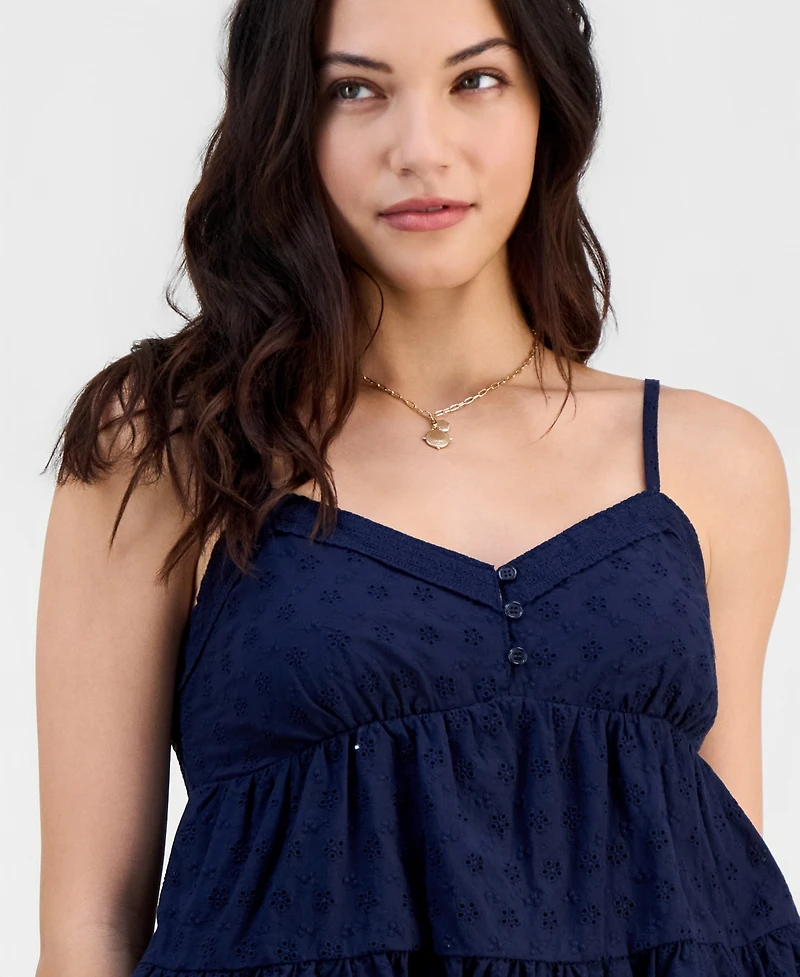 Madden Girl Juniors' V-Neck Cotton Eyelet Babydoll Tiered Top