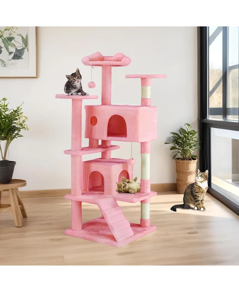 Zeus & Ruta 54" Pink Cat Tree Tower: Multi-Level, Sisal Post, Ladder, Plush Toys, Rest & Play