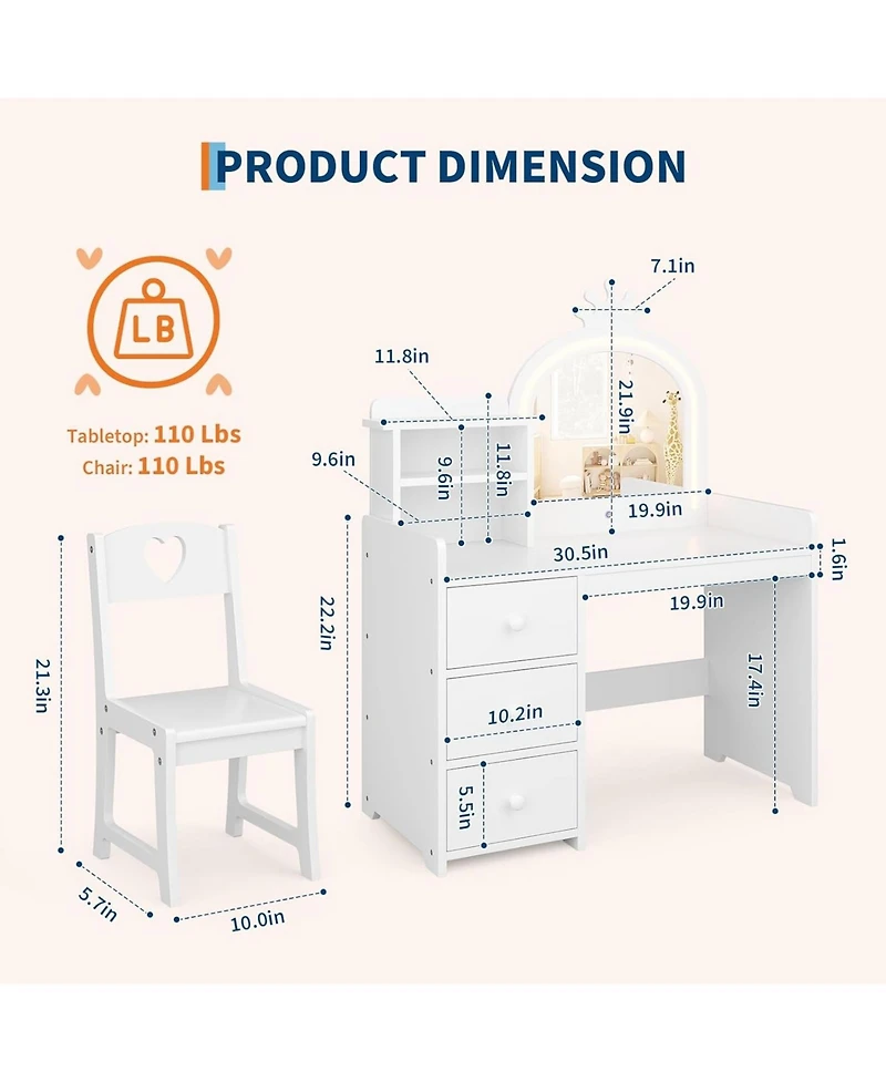 Gaomon Kids Vanity Desk Mirror and Lights for Bedrooms, Apartments, Easy to Assemble