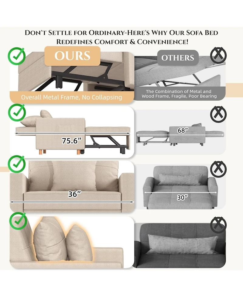 Aecojoy 36" Sleeper Chair, Convertible Chair Bed for Adults, 3-in-1 Pull Out Sofa