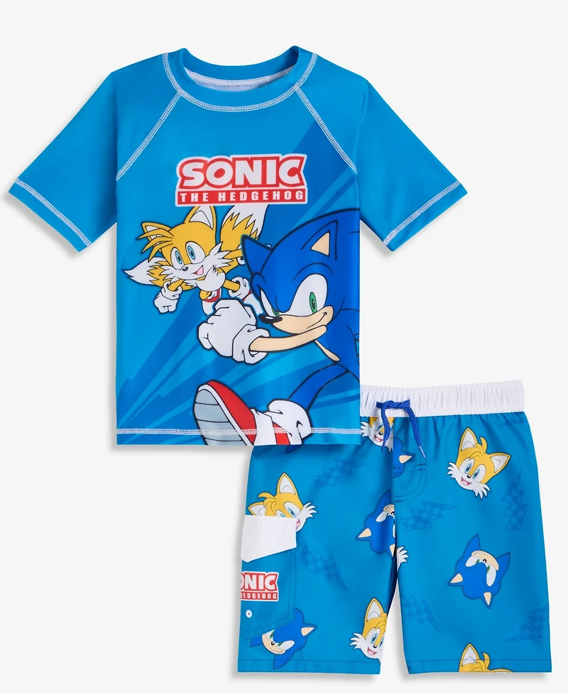 Sonic Boys' 4-7 Short-Sleeve Rashguard & Mesh-Lined Swim Trunks, 2-Piece Set