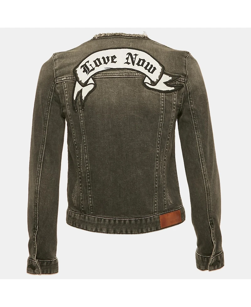 Pre-Owned Zadig & Voltaire Women's Grey Distressed Denim Embroidered Kiok Gris Brode Jacket